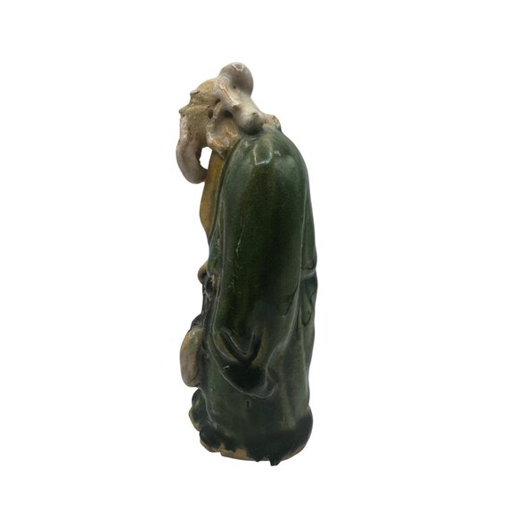 Vintage Hand-Painted Chinese Mud Man Figurine In Green & Yellow Robes - Picture 3 of 7